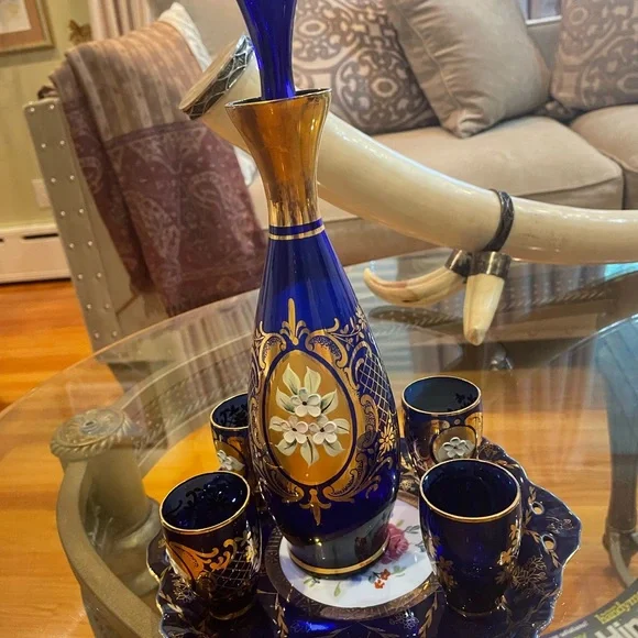 Antique Murano Blue Gold Leaf Decanter with 4 Glasses and Tray